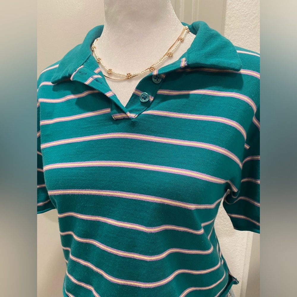 Forever 21 F21 Teal Blue & Light Purple Striped Short Sleeve Crop Polo Shirt XS